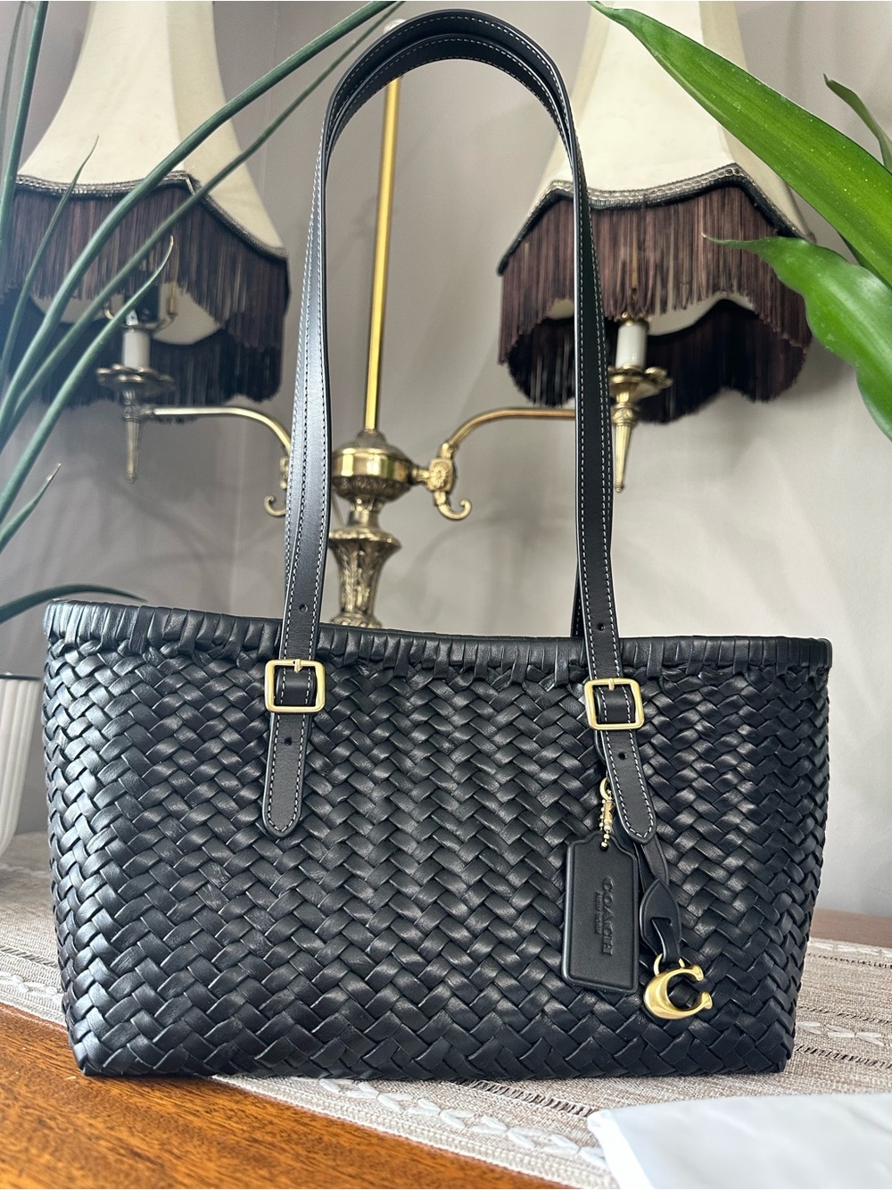 Coach Woven Swing Tote - Black/Gold - Leather - Picture 3 of 10